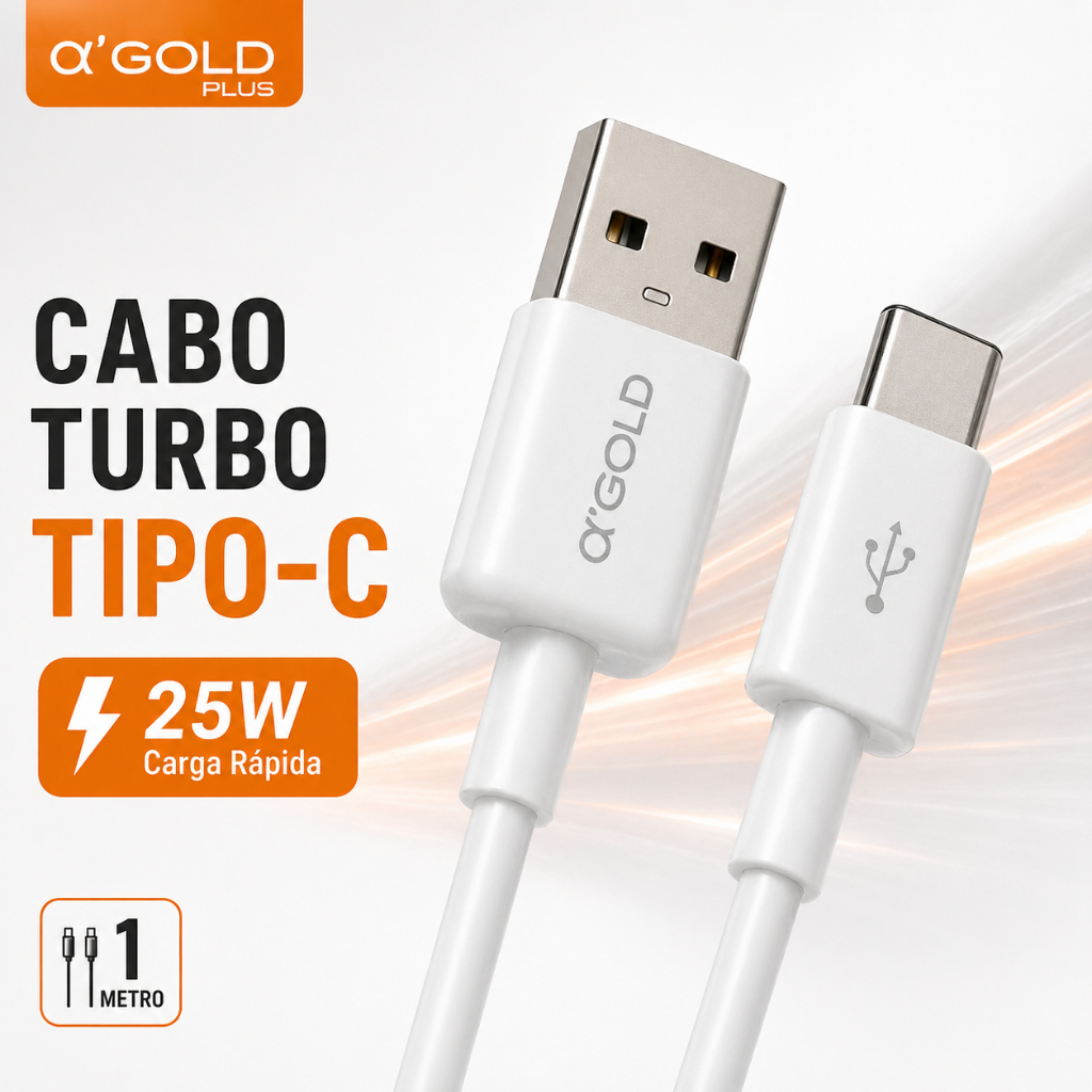 Cabo Tipo-C Turbo 25W Carregamento Rápido USB-C αGold 1 Metro Resistente Compatível Android