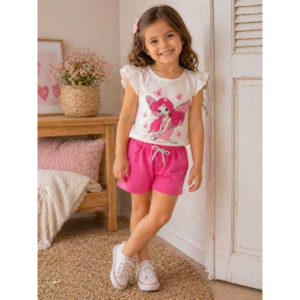 CONJUNTO INFANTIL VERÃO MENINA.BLUSA MANGA FRUFRU+BERMUDA COM CADARÇO COM BRILHO