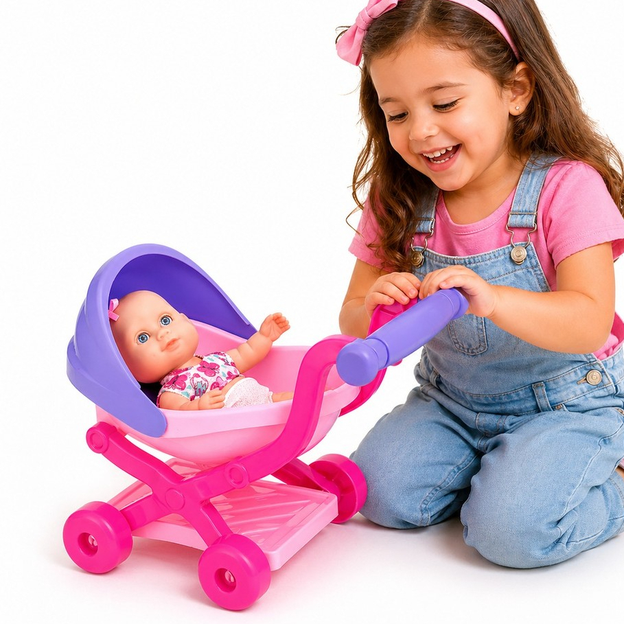 Carrinho Com Boneca De Brinquedo Boneca E Carrinho Infantil Rosa Brinquedo Passeio