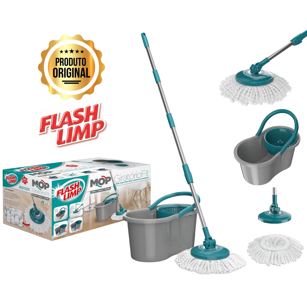 Mop Giratório Original Flash Limp 8L com Cabo Inox e Refil Microfibra Resistente