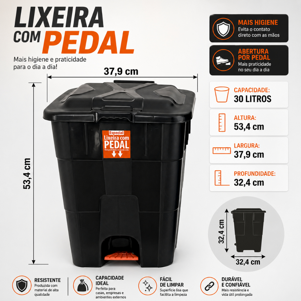 Lixeira 30 Litros Retangular Preta com Pedal e Alça para Transporte
