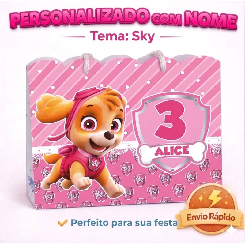 Sacolinha Skye Patrulha Canina Rosa Personalizada, Festa Patrulha Canina Rosa Menina, Mimos Skye Rosa