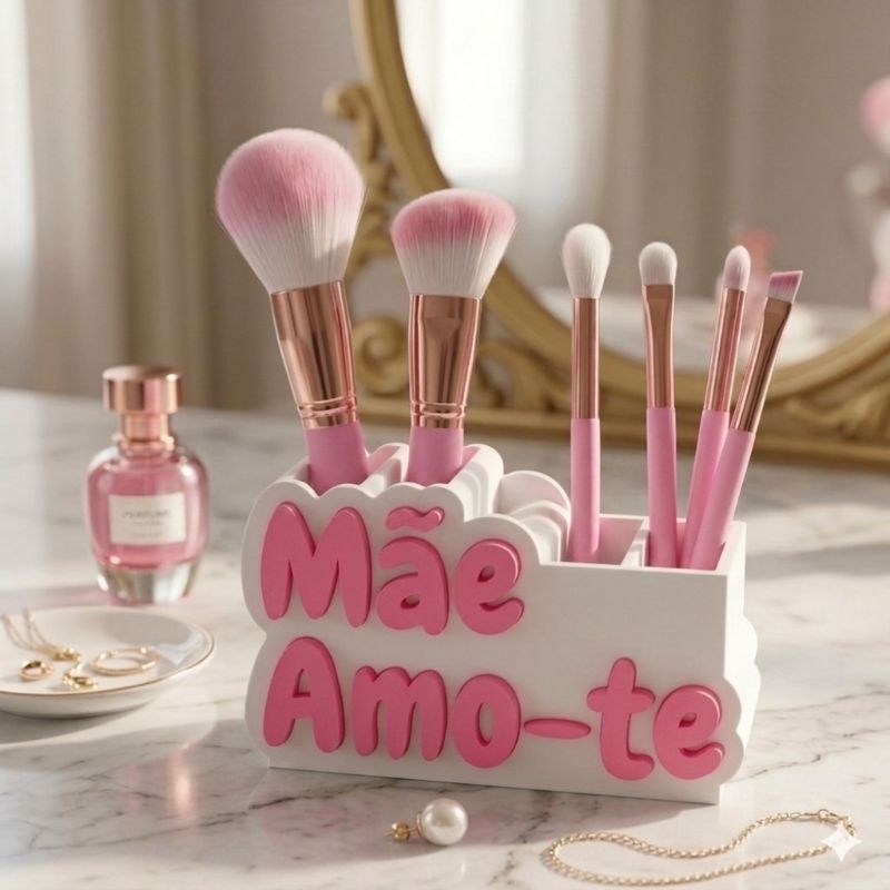 Organizador "Mãe Amo-te" Luxo – Porta Pincéis e Maquiagem ou Porta Canetas – Presente Criativo Dia das Mães