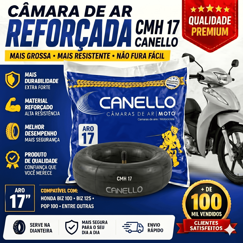Câmara de Ar Dianteira  60/100-17 Moto  Honda Biz 100,125, Pop 100, 110i  e Similares ,CMH 17 CANELLO – 1 Unidade