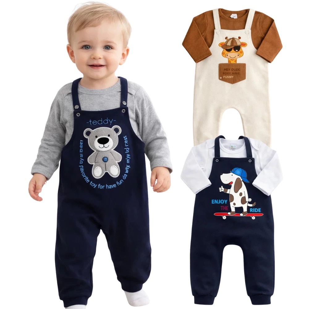 Conjunto Bebê Menino Jardineira + Body Algodão Confortável Roupa Infantil Estilosa Enxoval Presente