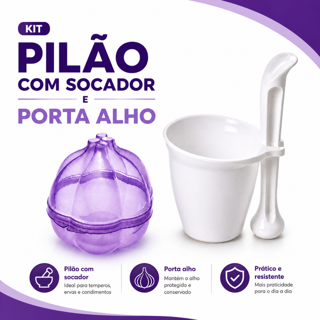 Kit Pilão com Socador Temperos e Porta Alho Plasútil