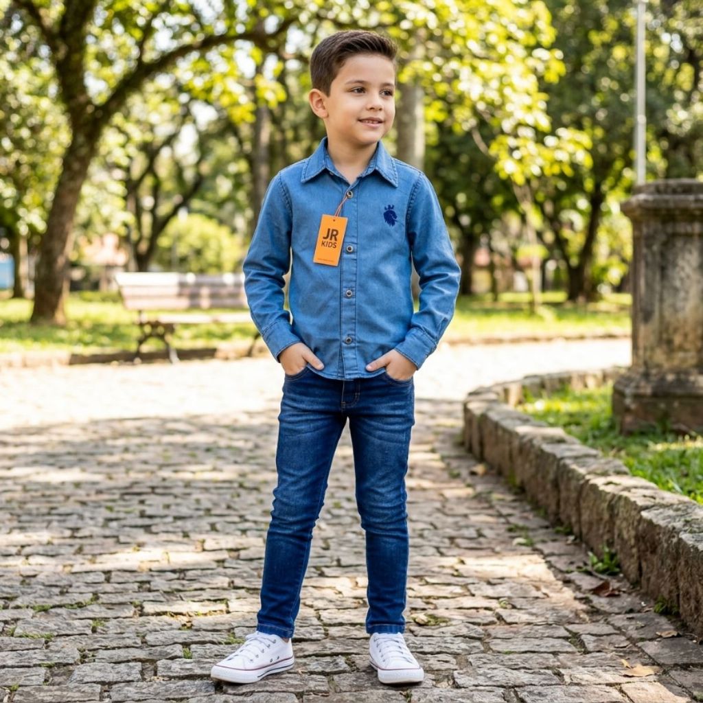 Kit Conjunto Jeans Infantil Menino Juvenil 1 ao 16 Anos Camisa Manga Longa e Calça Skinny Com Lycra Conforto Inverno.