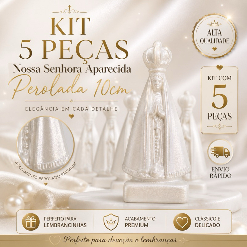 Kit Com 5 Nossa Senhora Aparecida 10cm Perolada, Lembrancinha de Casamento e Batizado