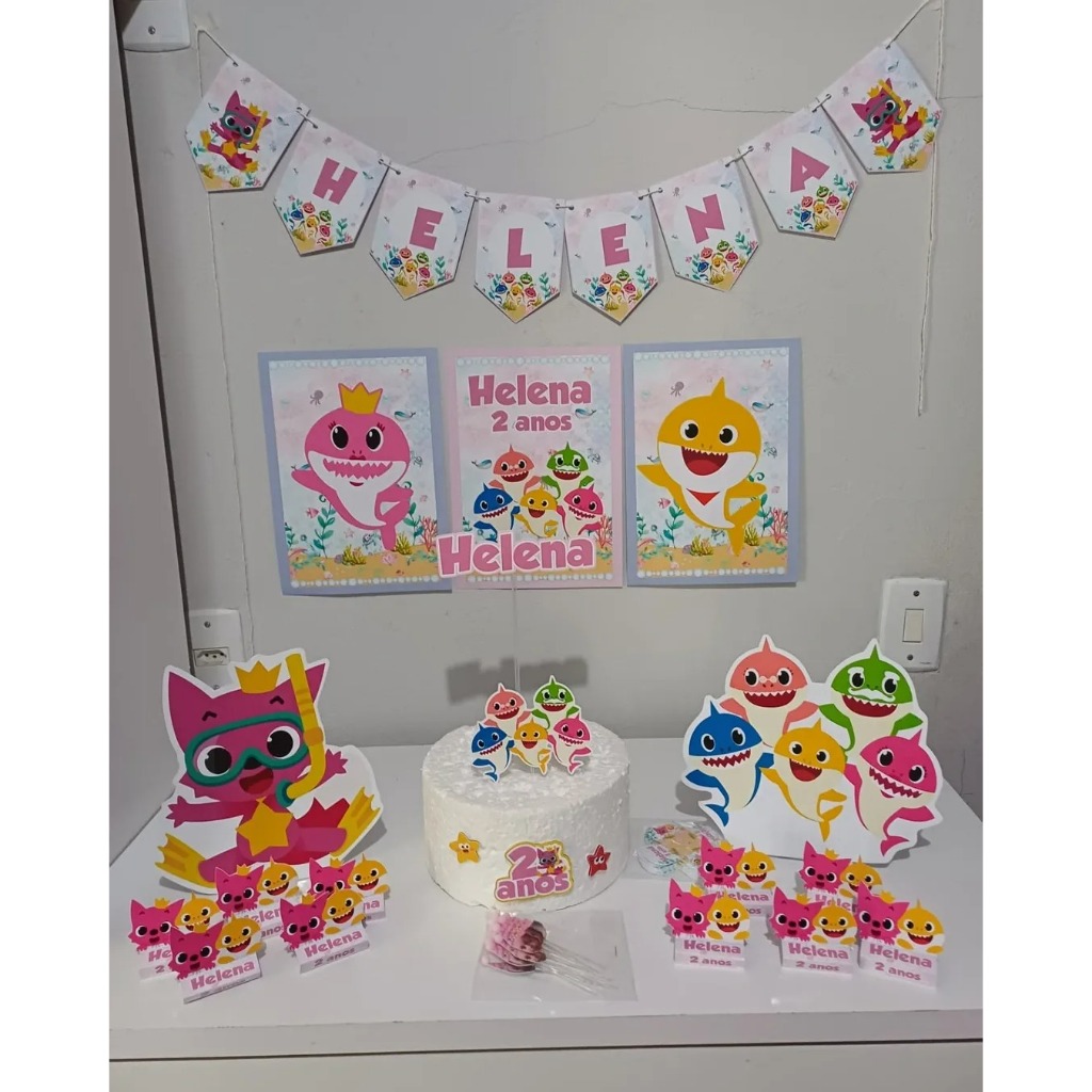 🎉 Kit Festa “Só um Bolinho” Personalizado BABYSHARK/MENINA Mesvesarios e Aniversário