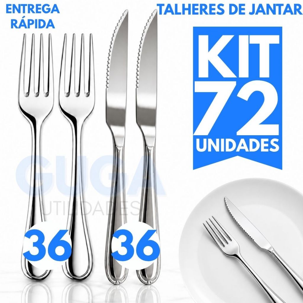 Jogo de 72 Talhares Inox em 12/24/36/48/72  Peças Faqueiro com os Talheres Garfo E Faca C/ Ponta