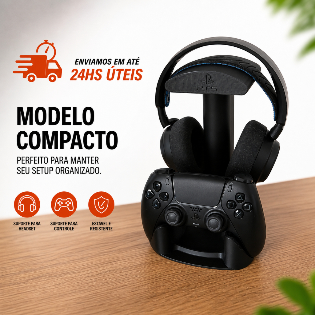 Suporte Gamer Setup 2 em 1 Organizador Fone Headset controle PS5 e Controle Gamer