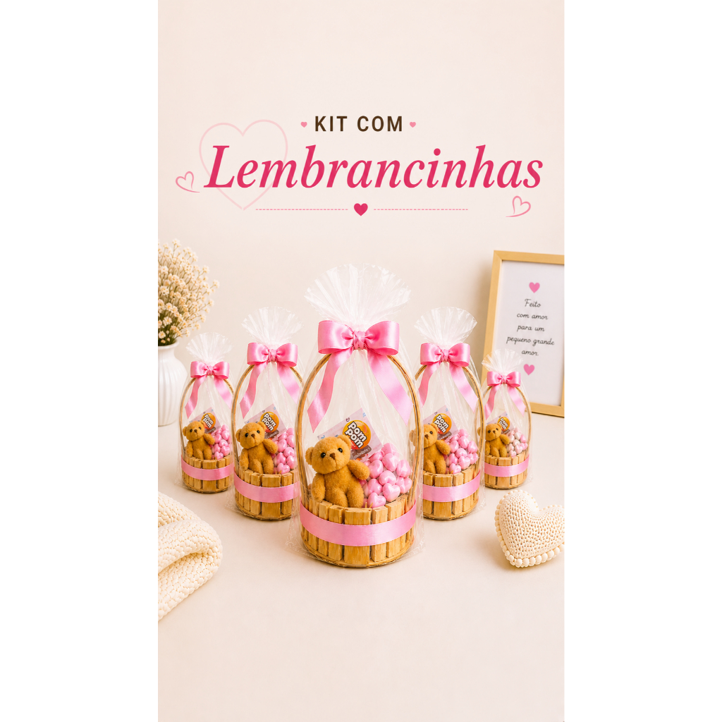 Kit Lembrancinha Ursinho com Cesta + Sabonetes Coração Perfumados + Chaveiro | Presente Delicado Bebê