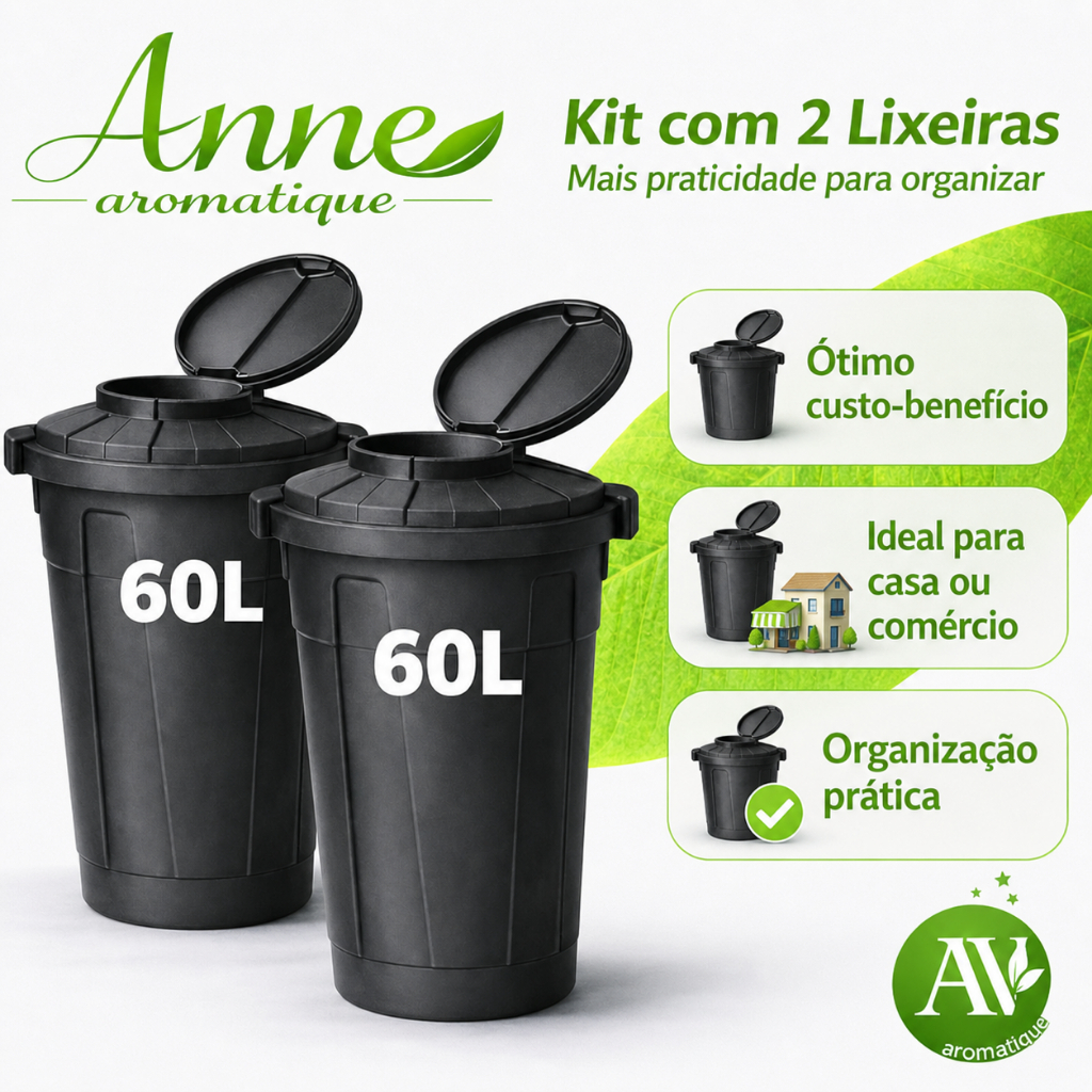 Kit 2 Lixeiras 60L com Tampa e Trava Higiênica Cesto Multiuso para Prédio Condomínio Coleta Seletiva