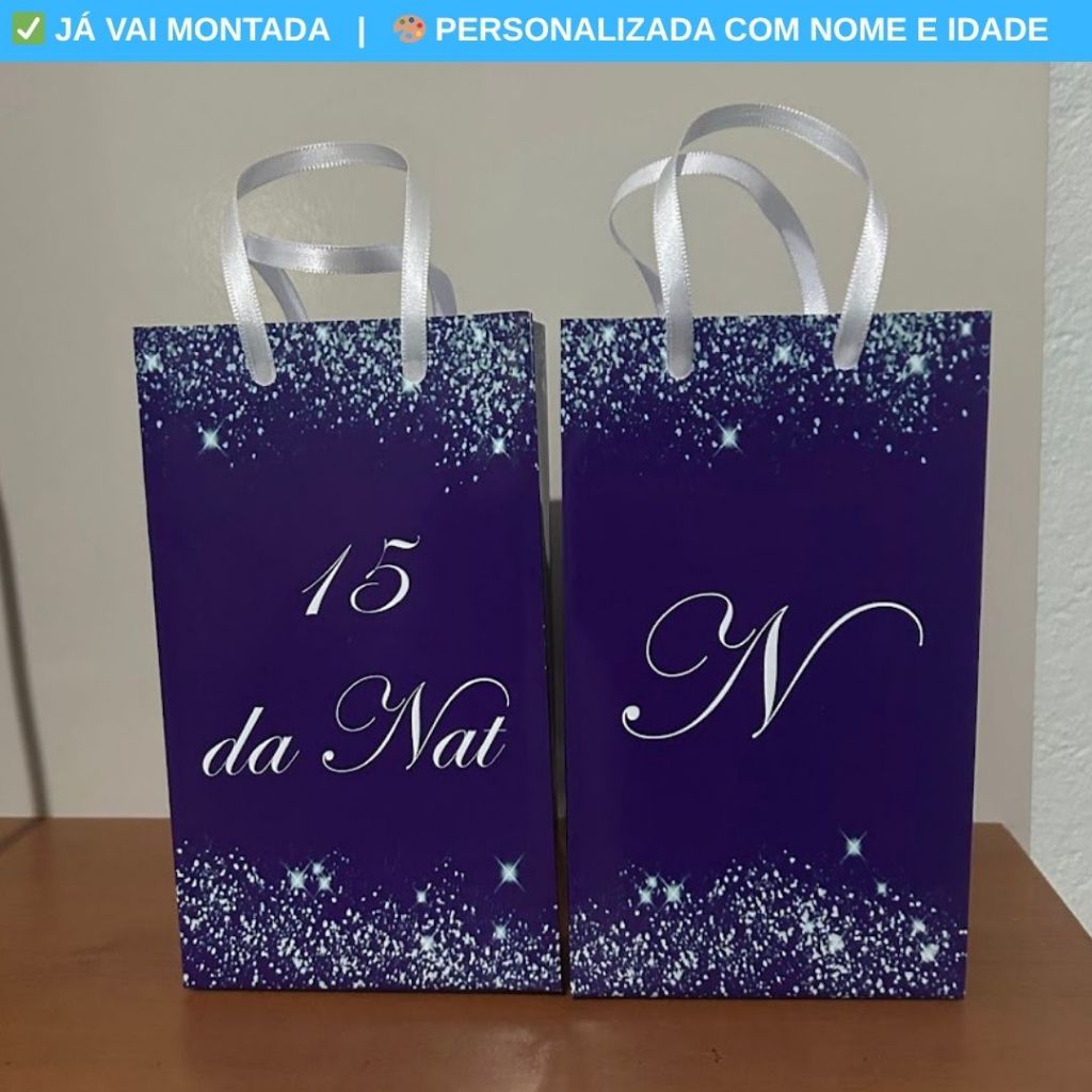 Sacolinha Surpresa Personalizada XV Anos 15 Anos Roxo e Prata Lembrancinha Festa 17x10x4