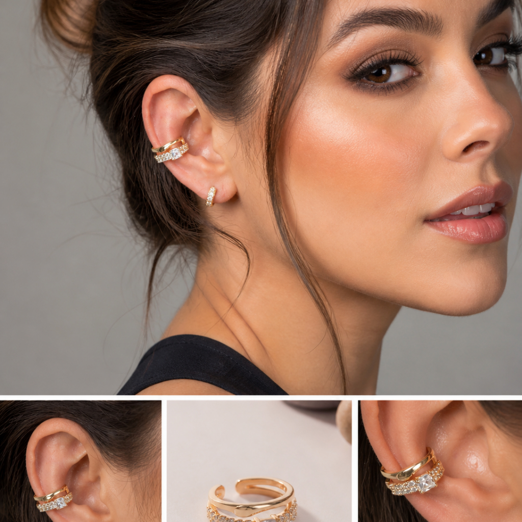 Piercing Fake de Orelha Dourado com Zircônias | Ear Cuff Ajustável Sem Furo