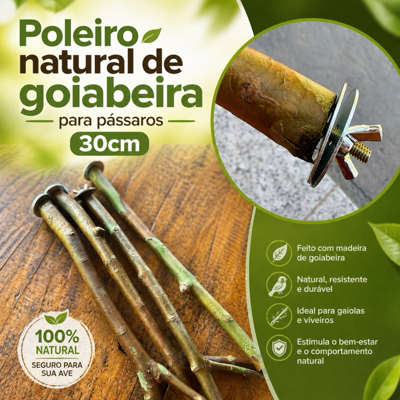 3 unidades de poleiros goiabeira 30cm natural com parafuso fixador
