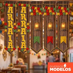 Faixa Decorativa Vertical Festa Junina Painel Arraiá Em Tecido - Kit 5 Flâmulas 0,30x1,40m