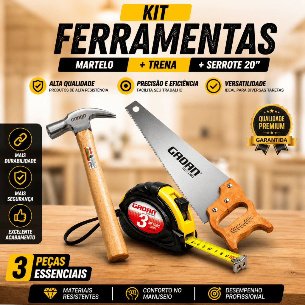Kit Jogo Ferramenta Martelo Unha Serrote Trena 3 Metros Marcenaria Pedreiro Profissional Resistente