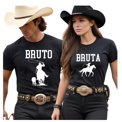 Kit Casal Camiseta Bruto e Bruta Western Cowboy Cowgirl Agro Country Festa de Peão Rodeio Namorados