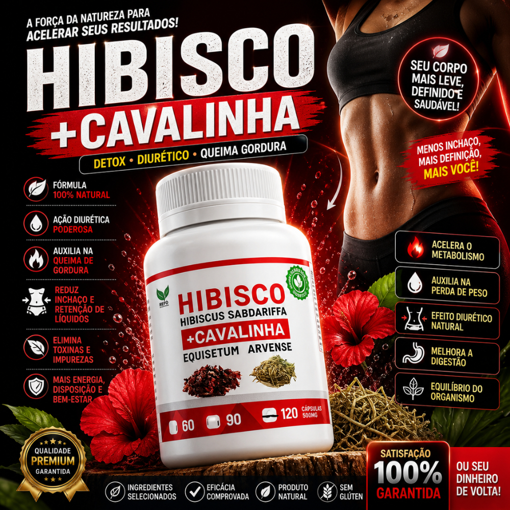 Suplemento Natural Hibisco + Cavalinha – 60/90/120 cápsulas - Produto Original - Arkad Suplementos - Envio Imediato