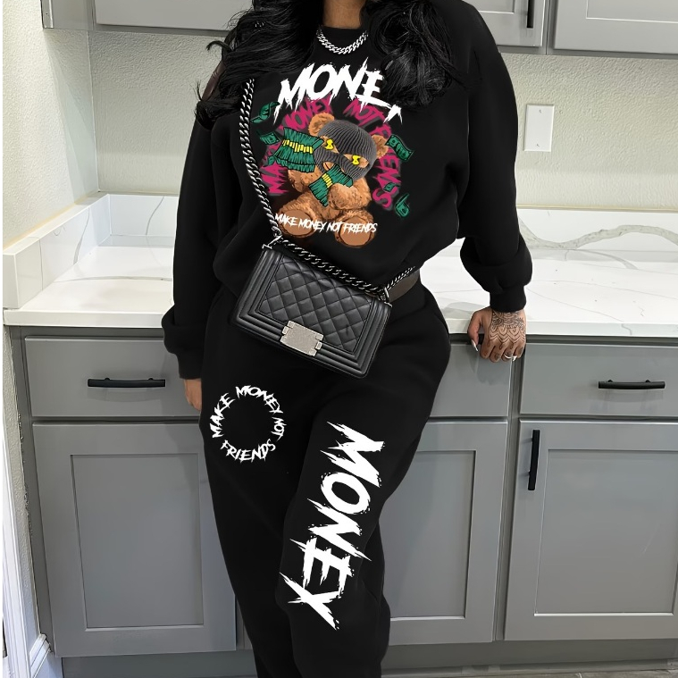 Kit Conjunto Feminino Moletom e Calça Jogger Streetwear Hip Hop Skate Make Money Not Friends Grafit