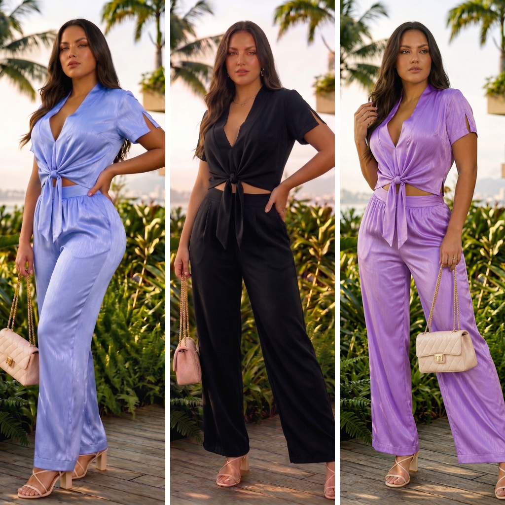 Conjunto Pantalona e Cropped com Amarração Poliamida Digital