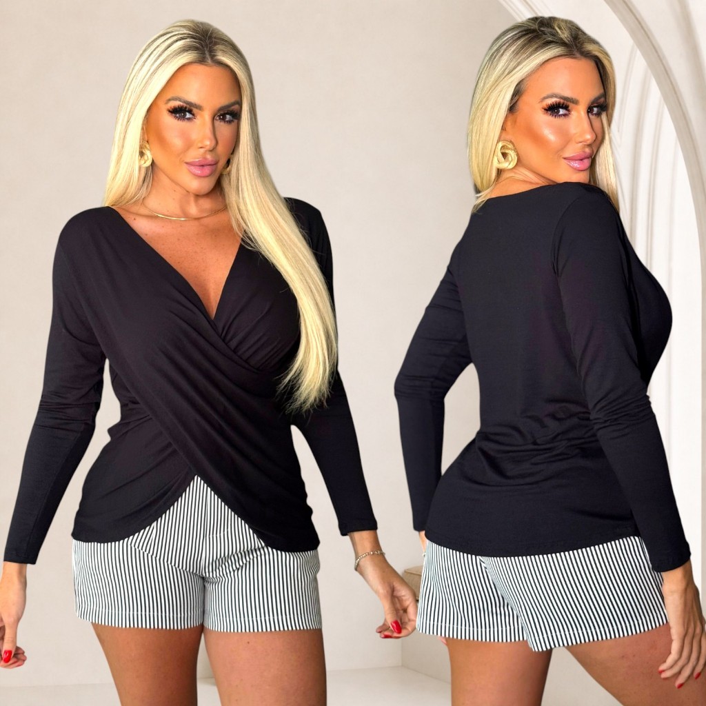 Blusa Feminina Transpassada Viscolycra Não Marca o Corpo Manga Longa Confortável