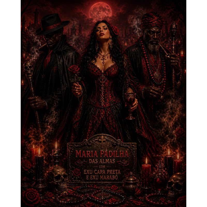 QUADRO DECORATIVO PLACA MDF-MARIA PADILHA COM SEU EXU CAA PRETA E EXU MARABÔ