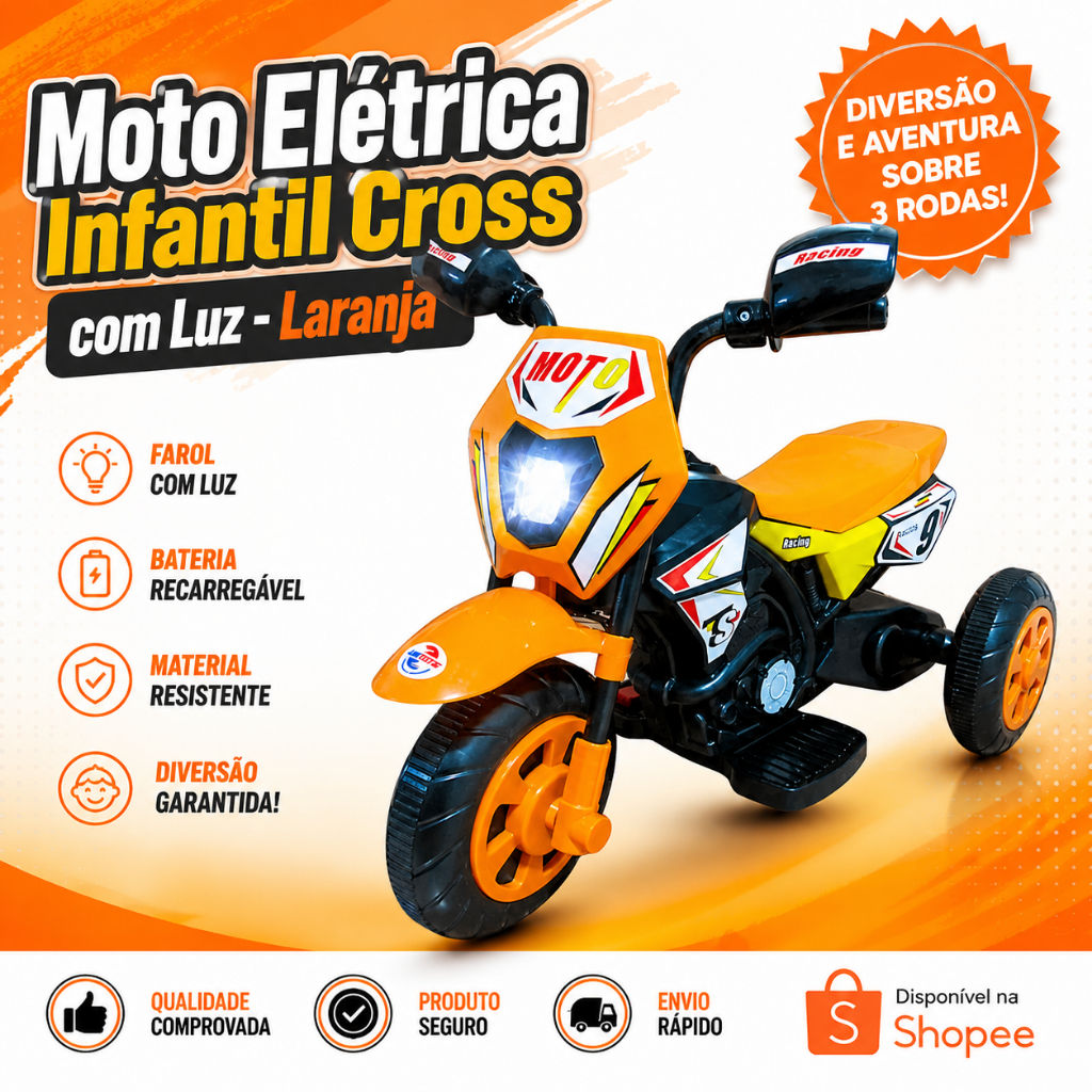 Moto Elétrica Infantil 3 Rodas Cross com Luz LED Laranja Recarregável Bateria 6V Menino Menina Resistente