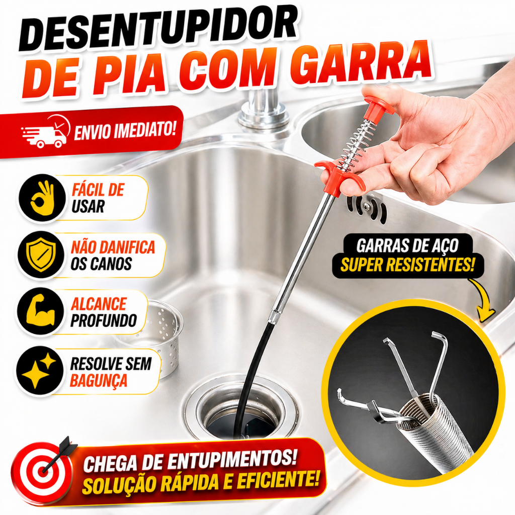 Desentupidor de Ralo multiuso Com Garra Pia Flexível Com Pegador na Ponta Para Casa Cozinha e Banheiro de 60 Cm