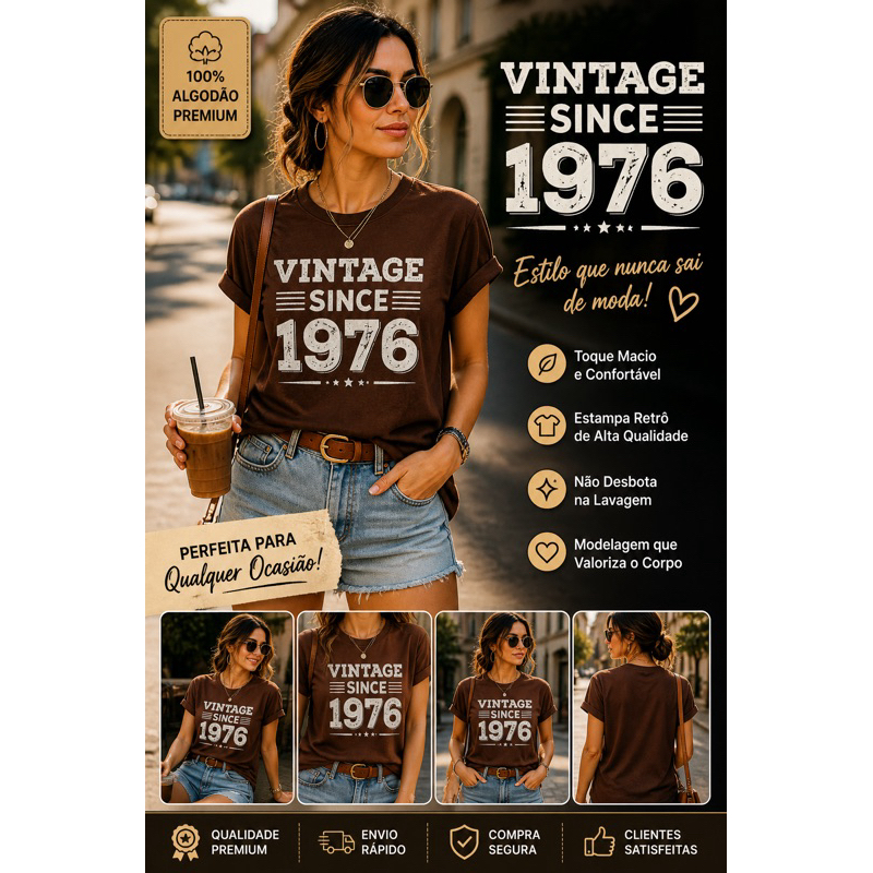 Camiseta Feminina Estampada Vintage 1976 Algodão Premium Casual Confortável Moda Feminina
