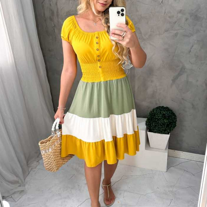 Roupa Vestido Feminino Evangélico Três Marias Elegante Godê Rodado, Botões, Bolsos funcionais verão*
