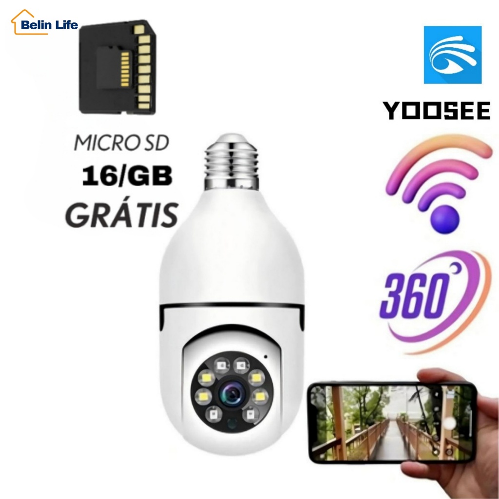 Câmera Giratória Bocal Lâmpada E27 Wifi Panorâmica Noturna + SD 16GB