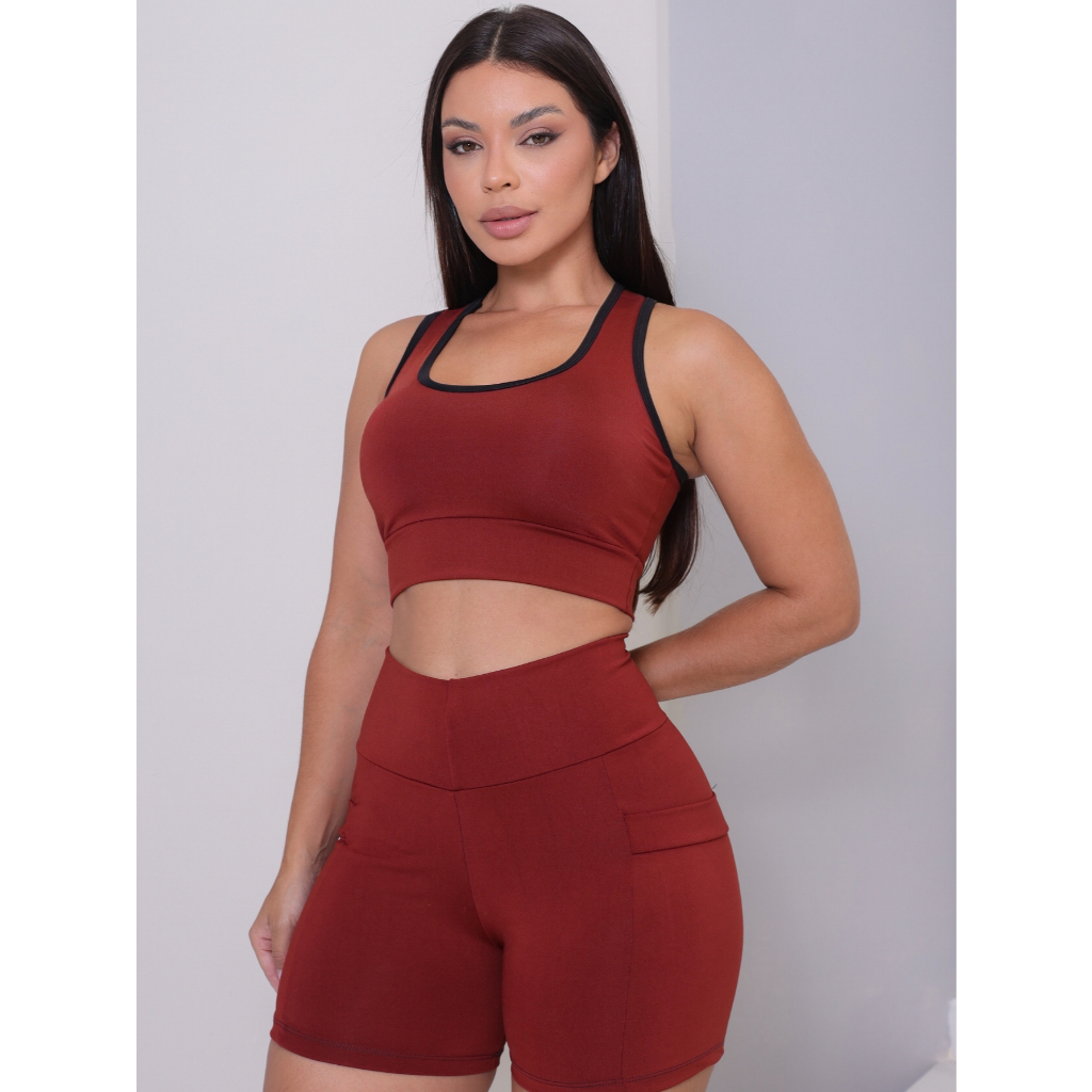 Conjunto Feminino Fitness Short + Top Bolso Lateral  Academia Encorpado Modelador Sem Transparência