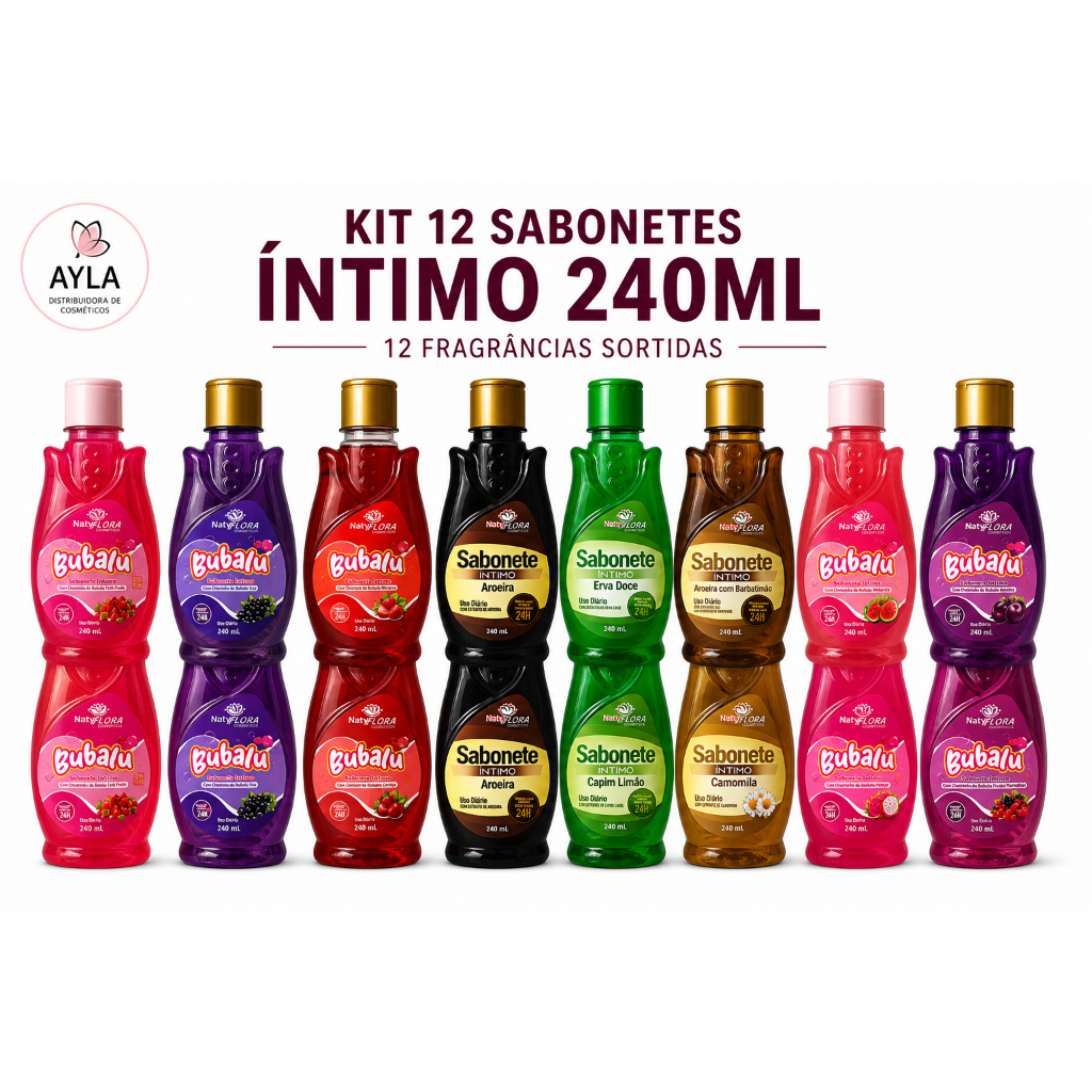 Kit 12 Sabonetes Íntimos Sortidos 240ml Hipoalergênico Proteção 24h Natyflora