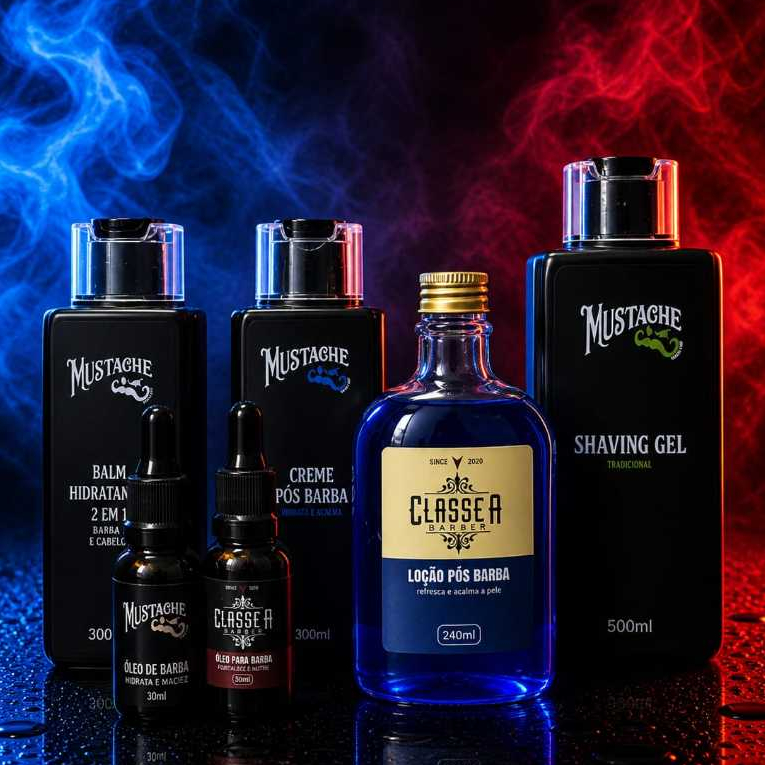 1 Shaving Gel Mustache 500ml + 1 loção azul Classe A + 1 Creme Pós Barba + 1 Balm 300ml Mustache+ 2 Óleos