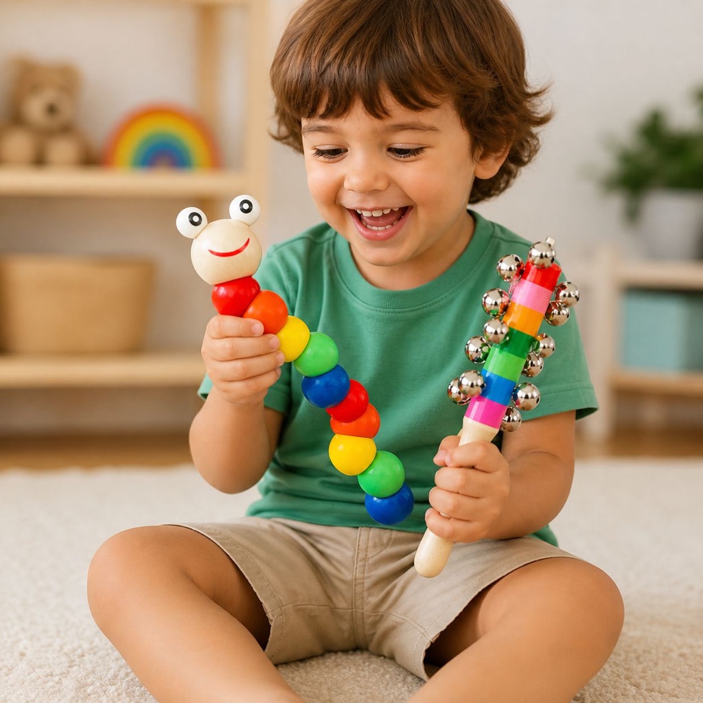 Kit Brinquedo Educativo Chocalho musical + Minhoca de madeira coordenação motora-bebês- crianças- pedagógico
