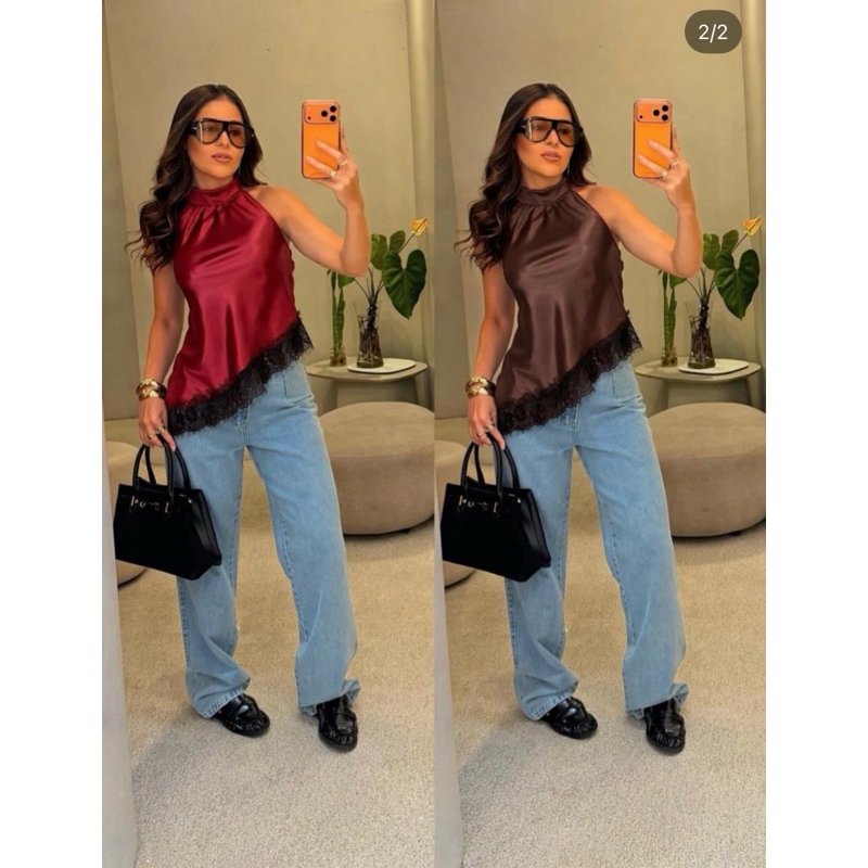 feminina blusa cetim com renda