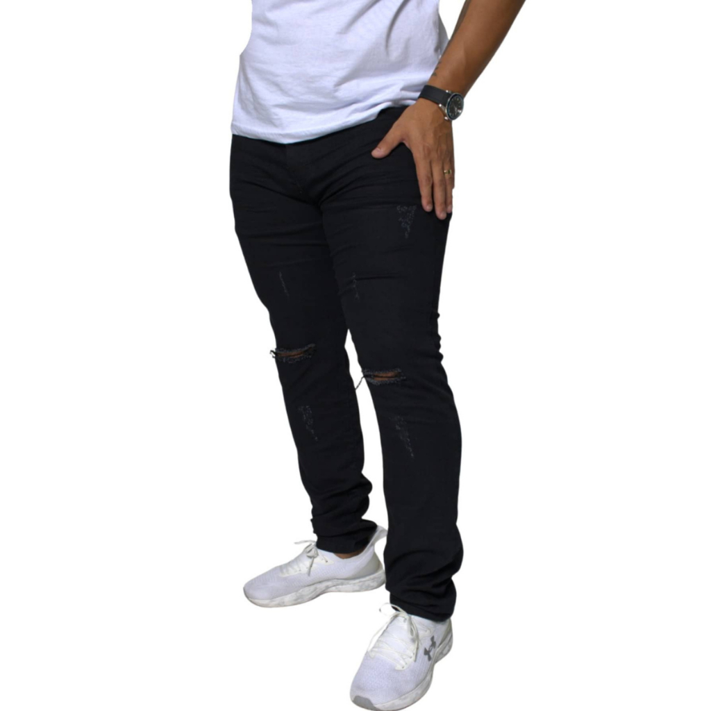 Calça Masculina Jeans Preta Rasgada Slim Estilo Jogador | Skinny Destroyed Premium