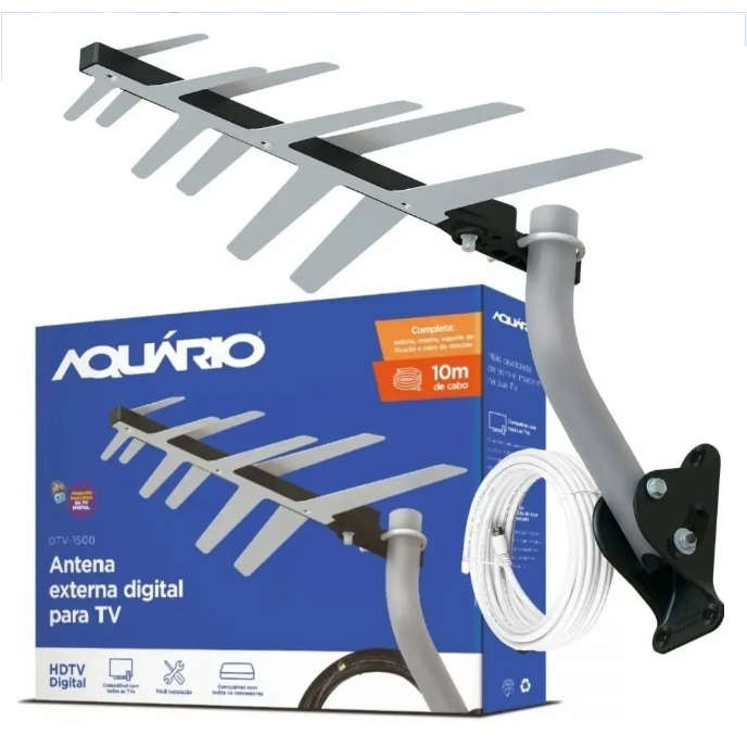 Antena Externa Digital Aquário Dtv-1500 Hdtv Cabo De 10m
