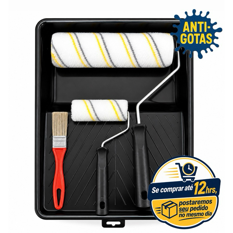 Kit Pintura 5Pçs Alto Padrão Qualidade Rolos 23cm/9cm Lã Microfibra  C/ Suporte, Bandeja e Trincha
