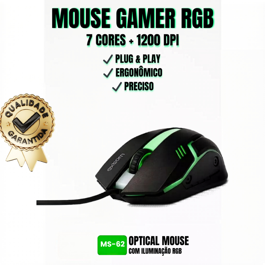 Mouse Gamer Exbom MS-62 RGB 7 Cores 1200 DPI USB com Fio Ergonômico LED Plug & Play para PC e Not