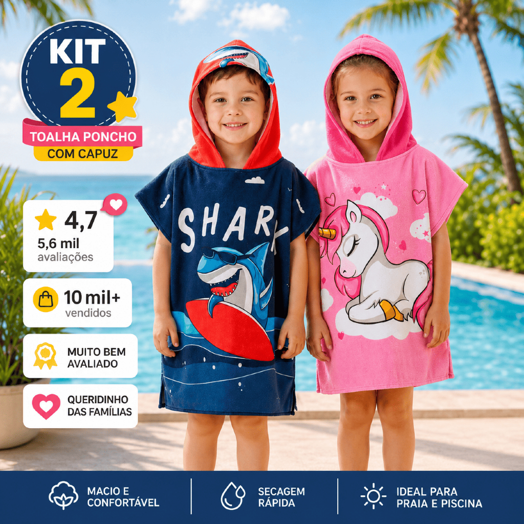 Kit 2 Toalhas Poncho Infantil Estampada Secagem Rápida Praia Piscina Banho Com Capuz chessed
