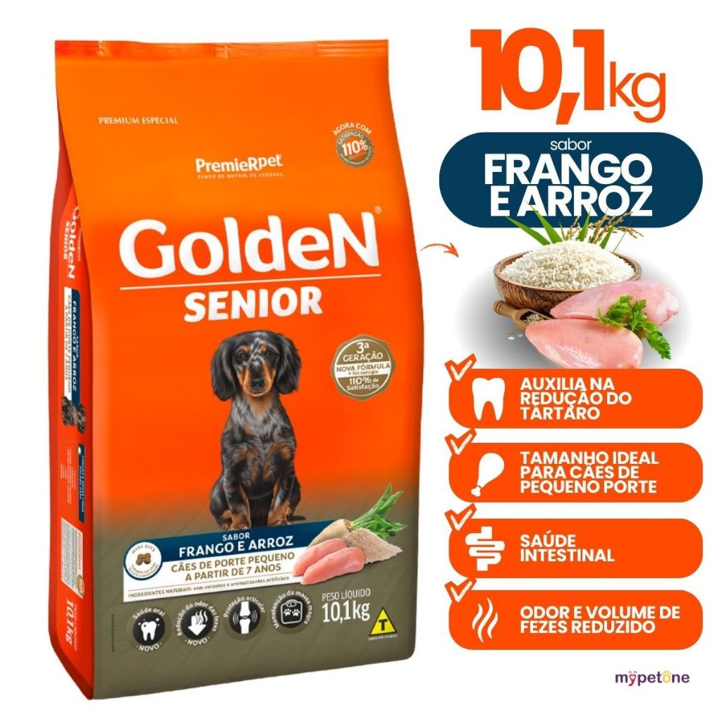 Ração Golden Fórmula Mini Bits Cães Adultos Sênior Sabor Frango e Arroz 10,1kg