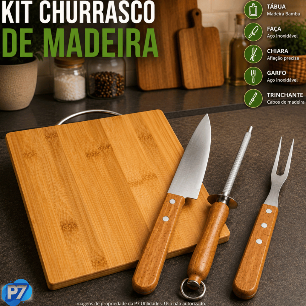 Kit Churrasco Tábua de Carne Madeira Faca Grande Afiada Chaira Profissional Garfo Para Churrasco