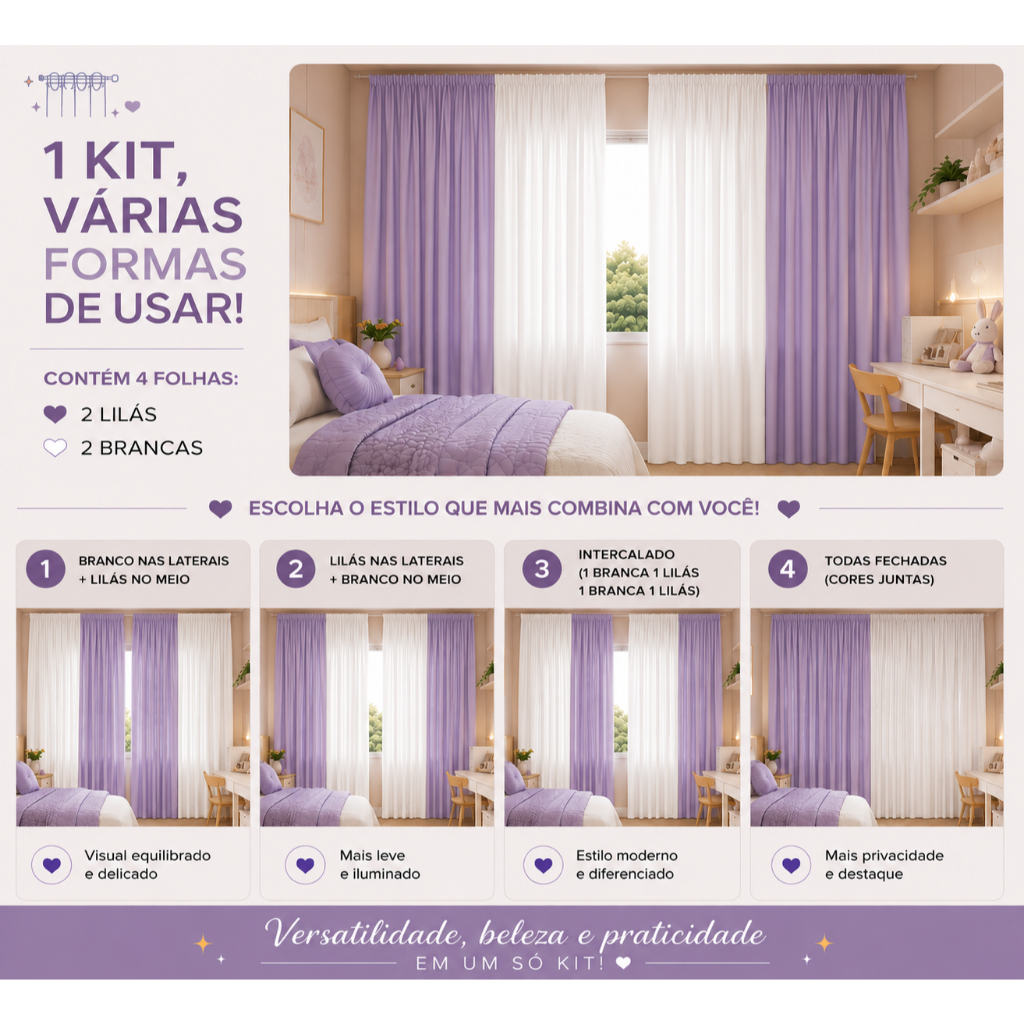 Kit Cortina Microfibra Passante Quarto Infantil Multiuso Menino Menina