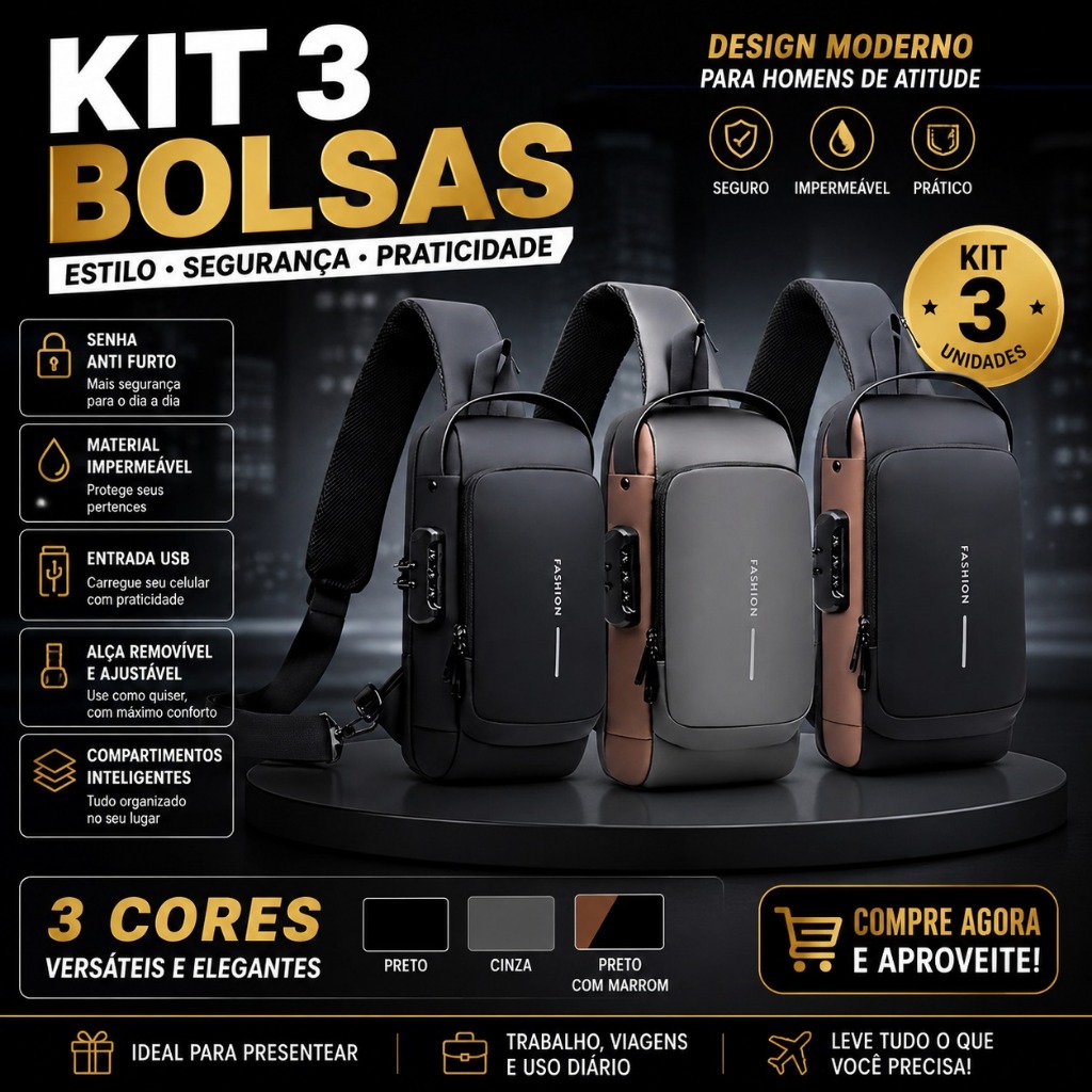 Kit 3 Pochetes Transversal Premium Impermeável Masculina e Feminina Bolsa Shoulder Bag Moderna