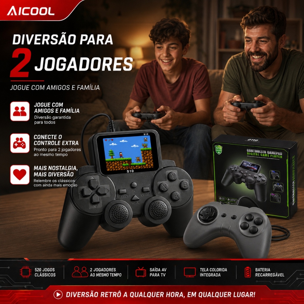 Aicool Vídeo Game Portátil Retrô S10 com 520 Jogos em 1 – Clássicos Infantis e Nostálgicos