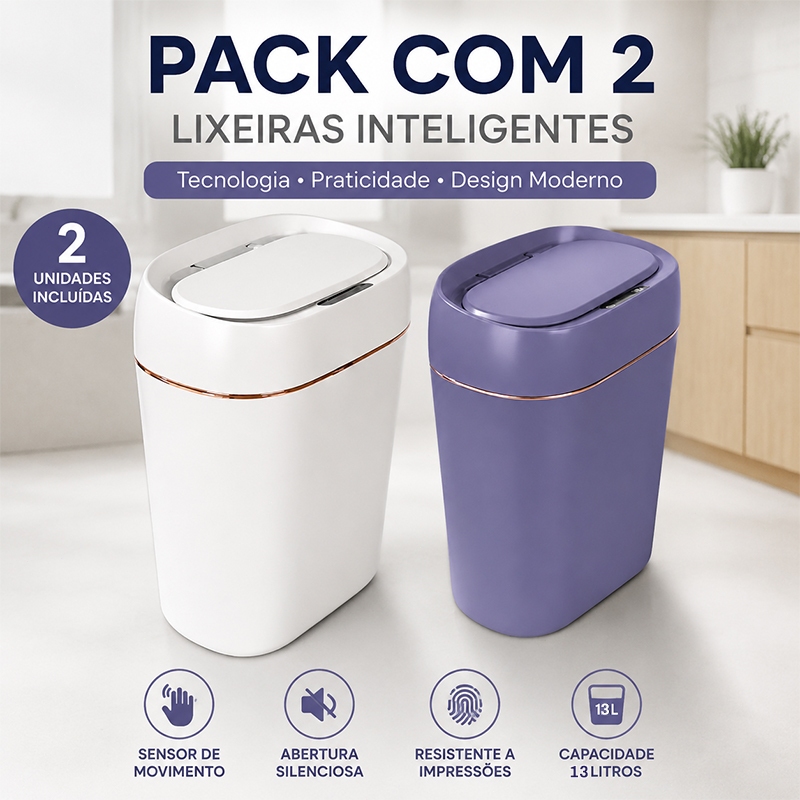 Lixeira 13L com Sensor Automático USB Recarregável - Kit com 2 Unidades VITOR