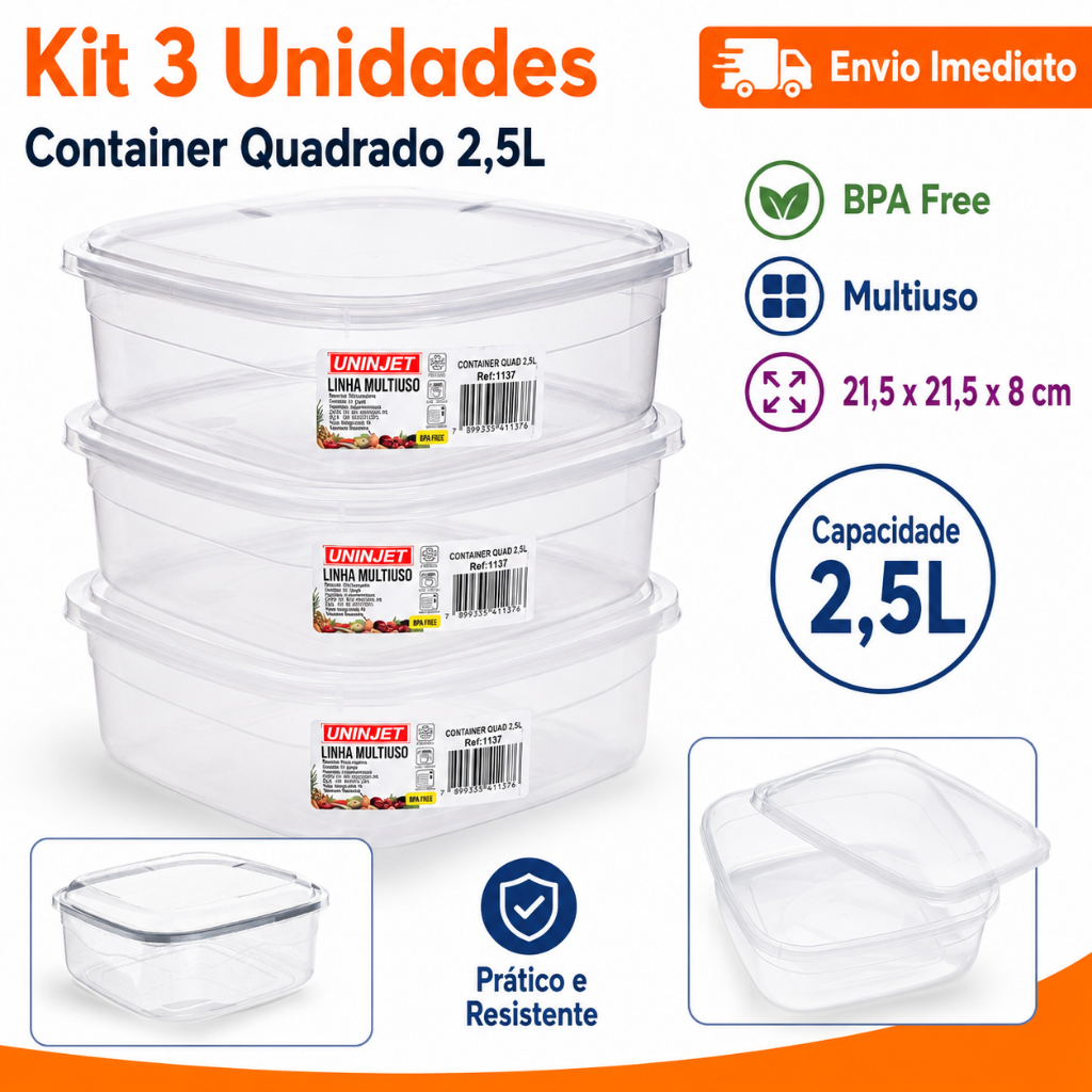 Kit 10 Container Quadrado 2,5L Plástico Transparente Organizador Cozinha BPA Free Envio Imediato